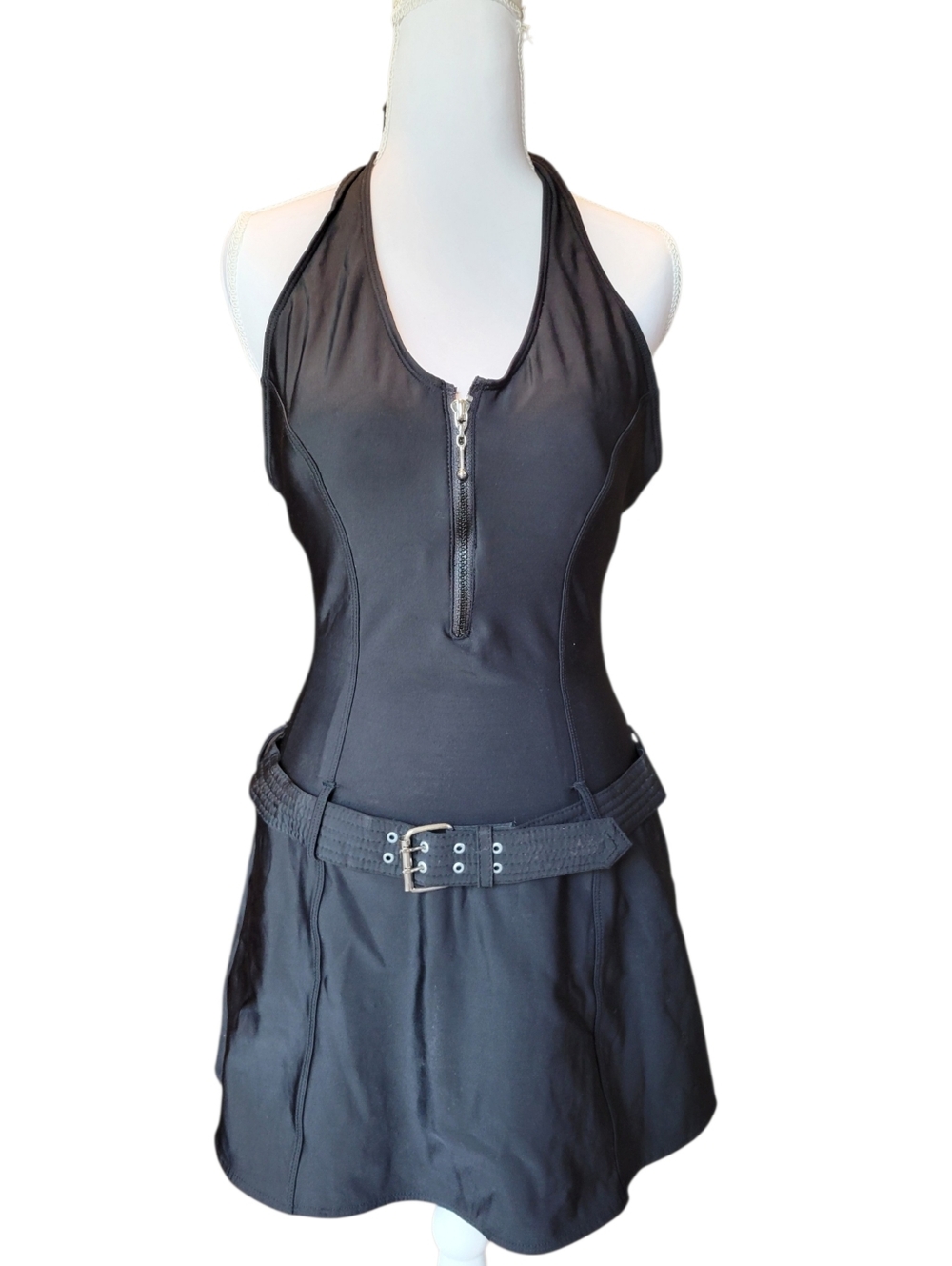 Shape FX Swim Black One Piece Belted Skirted Halter Top Swimsuit